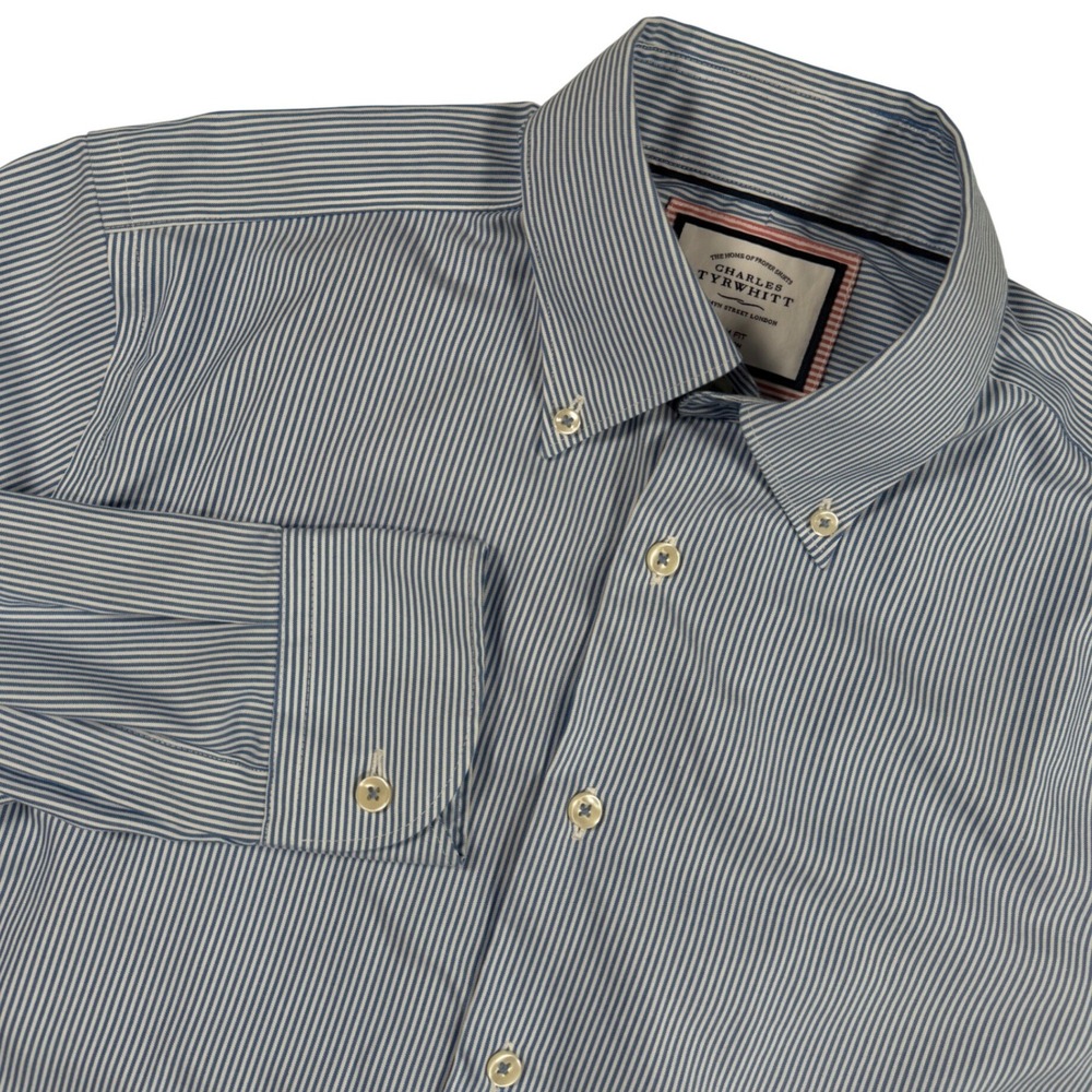 Charles Tyrwhitt Dress Shirt Mens 15.5/35 Blue White Stripe Slim Fit Non-Iron